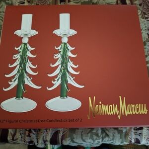Neiman Marcus Green and Clear Glass Christmas Tree Candlesticks - Pair